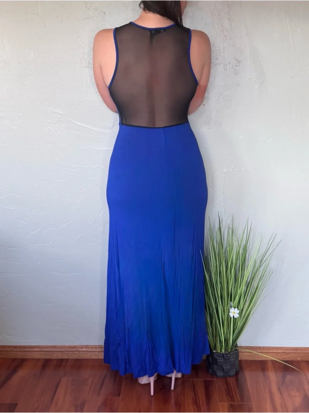 Forever 21 Royal Blue Maxi Dress w/Sheer Mesh Plunge, Side Slits, & Sheer Back - Picture 3 of 7